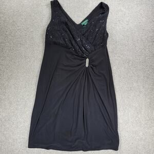 Ralph Lauren Faux Wrap Formal Dress Womens 16W Black Lace Ruched Cocktail Party